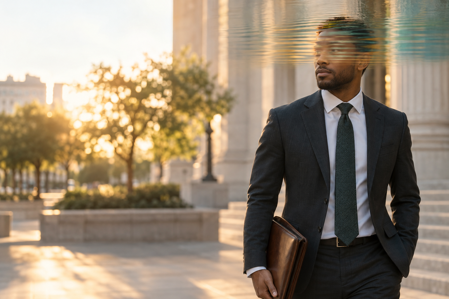 A legal professional walking outside in warm afternoon light